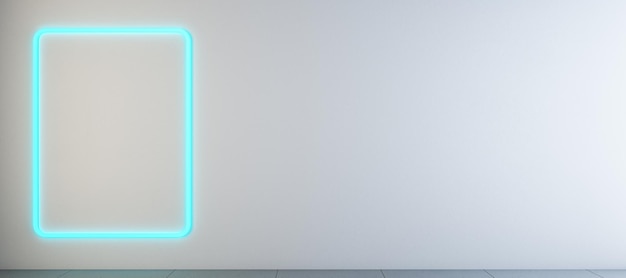 Kreatives breites hellneonblaues Galerieinterieur mit Banner-Mock auf Betonwand Zukunftskonzept 3D-Rendering