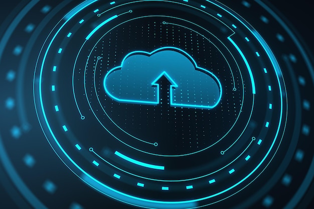 Kreatives Cloud-Computing-Hologramm auf verschwommenem dunkelblauen Hintergrund Server- und Datenkonzept 3D-Rendering