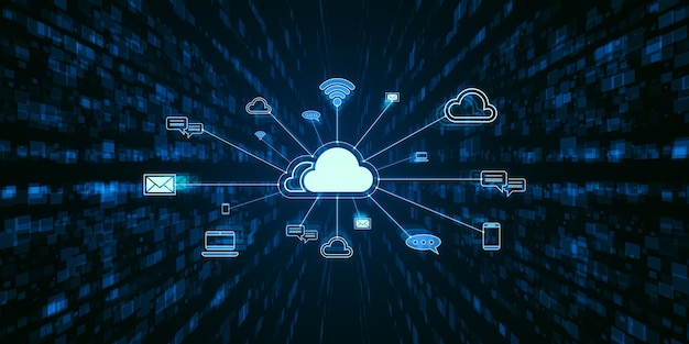 Kreatives Cloud-Computing-Hologramm mit verschiedenen Symbolen auf dunklem Hintergrund Cyber-Daten und Medienkonzept 3D-Rendering