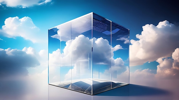 Kreatives Cloud-Konzept im Glaswürfel Cloudscape digitale Metaverse-Infrastruktur, die durch KI generiert wird