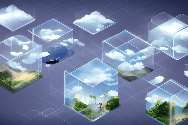Kreatives Cloud-Konzept im Glaswürfel Cloudscape digitaler Serverraum-InformationsspeicherKreativ ist