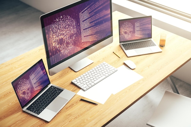 Kreatives Code-Schädelhologramm auf modernem Computermonitor Cybercrime und Hacking-Konzept 3D-Rendering