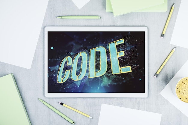 Kreatives Code-Wortzeichen auf modernem digitalem Tablet-Display Internationales Softwareentwicklungskonzept Draufsicht 3D-Rendering