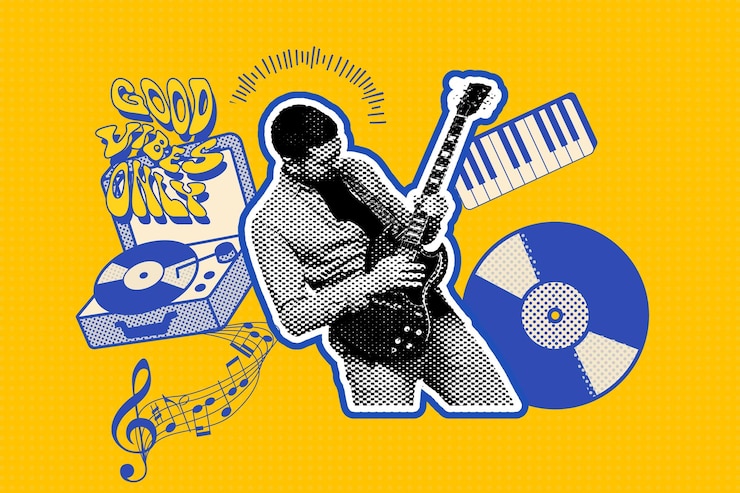 Foto kreatives design mann spielt gitarre auf gelbem hintergrund