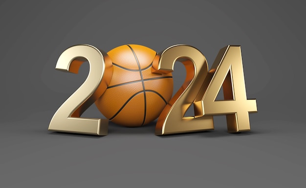 Kreatives Designkonzept für das neue Jahr 2024 mit Basketball-3D-gerendertem Bild