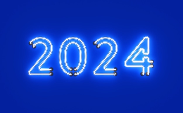 Kreatives Designkonzept für das neue Jahr 2024 mit LED-Leuchten, 3D-gerendertes Bild