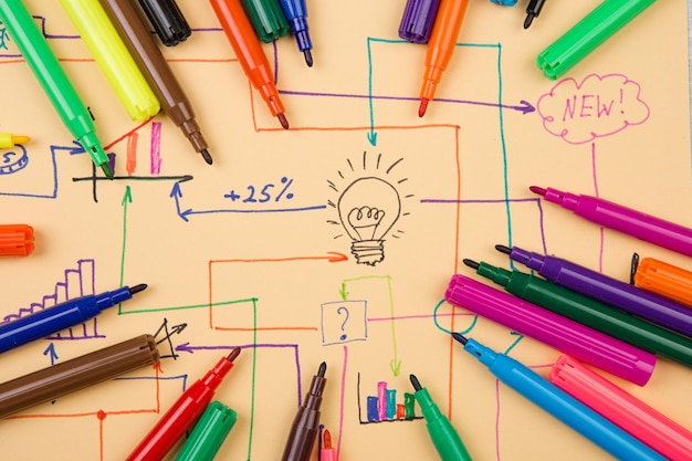 Kreatives Diagramm mit farbigen Stiften gezeichnet