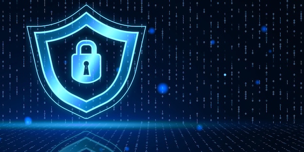 Kreatives digitales Sicherheitsschloss- und Schildhologramm auf verschwommenem blauem Binärcode-Hintergrund Sicheres Sicherheits- und Identifikationskonzept 3D-Rendering