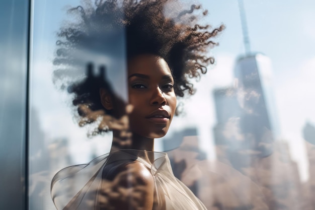 Kreatives Doppelbelichtungsporträt einer schwarzen afroamerikanischen Frau auf einem abstrakten Hintergrund einer modernen Stadt