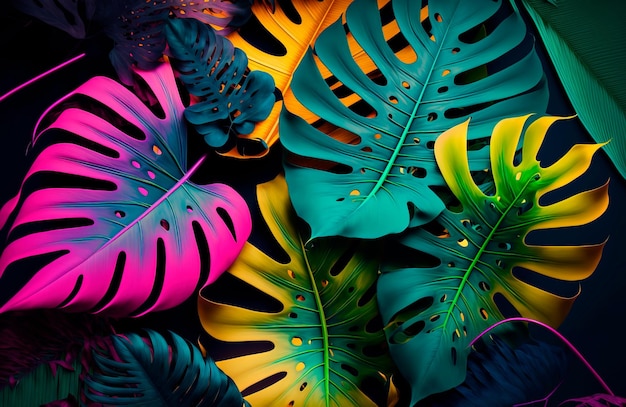 Foto kreatives farblayout aus tropischen blättern flache neonfarben