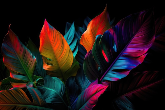 Kreatives fluoreszierendes Farblayout aus tropischen Blättern Flach gelegte Neonfarben AI generiert