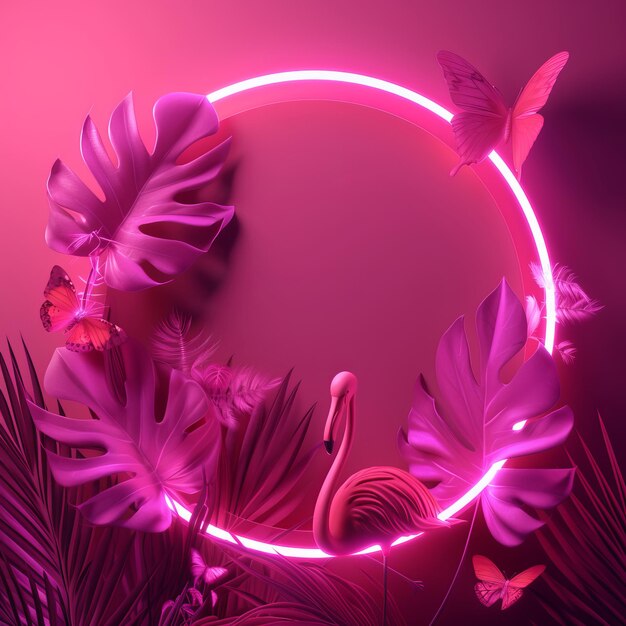 Kreatives fluoreszierendes Farblayout aus tropischen Blättern mit Flamingo- und Neonlichtquadrat Flachlag Naturkonzept