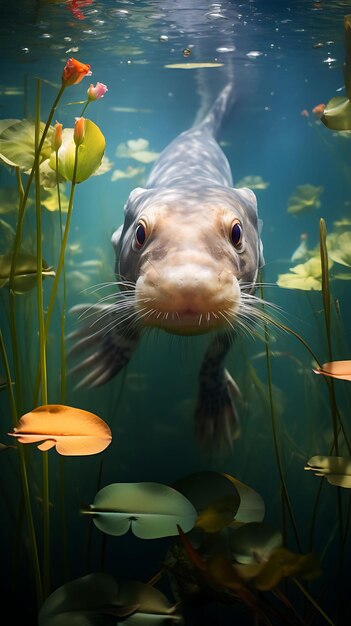 Kreatives Fotoshooting mit Fischblumen und Wasserpflanzen. Aqua Beauty Shoot, sauberes Wasser, groß, 4096 Pixel