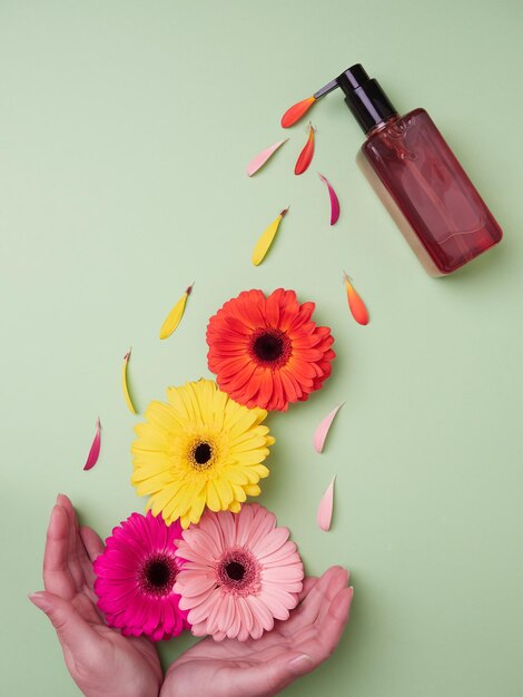 Kreatives Frühlingskonzeptdesign Hände pflücken bunte Blumen und bestreute Blütenblätter, die aus einer bernsteinfarbenen Spenderflasche kommen Flache Platzierung auf grünem Hintergrund