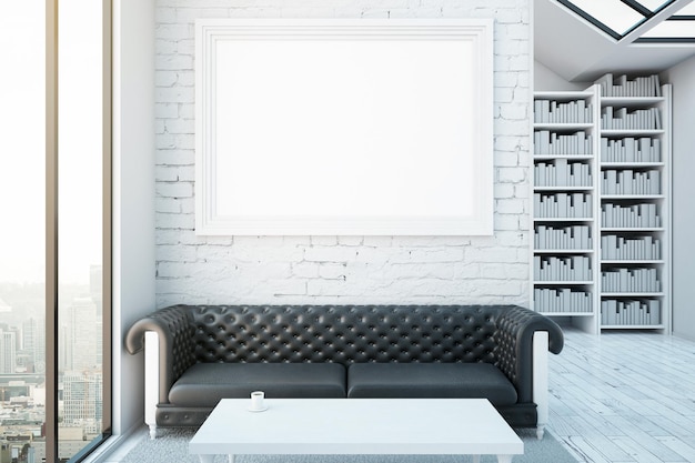 Kreatives Interieur mit leerem Bilderrahmen, luxuriösem braunem Ledersofa, Couchtisch, Bücherregalen und Blick auf die Stadt. Modernes Bibliothekskonzept. Mock-up, 3D-Rendering