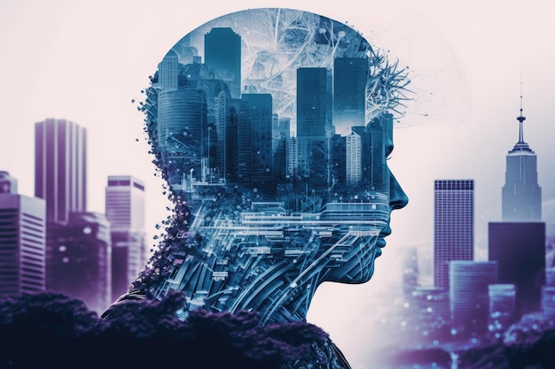 Kreatives KI-Emblem in Doppelbelichtung vor dem Hintergrund von Wolkenkratzern in San Francisco Konzept von neuronalen Netzen und maschinellem Lernen