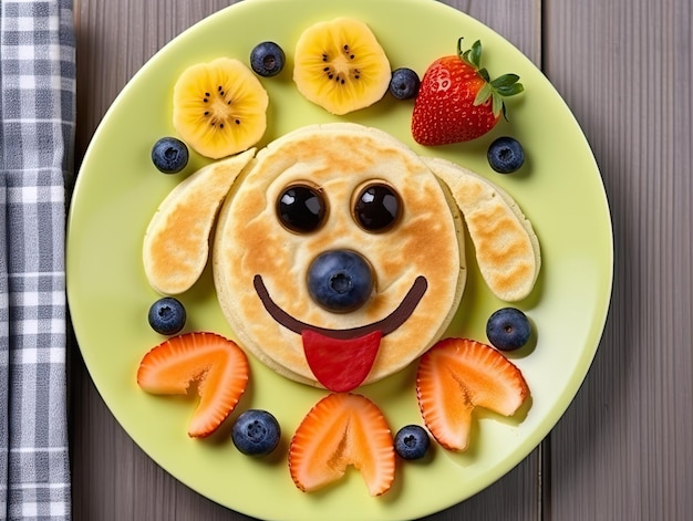 Kreatives Kinderfrühstück mit Tierpfannkuchen. Köstliche und farbenfrohe Kindermahlzeitidee mit Früchten