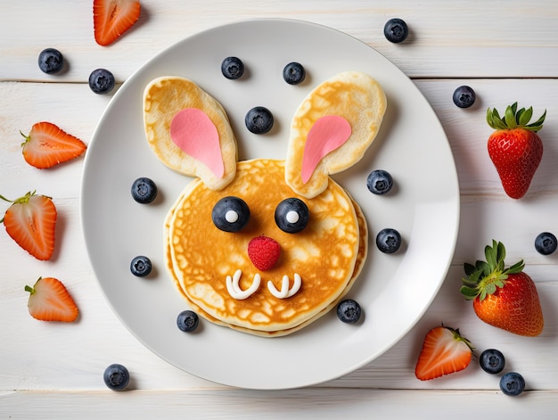 Kreatives Kinderfrühstück mit Tierpfannkuchen. Köstliche und farbenfrohe Kindermahlzeitidee mit Früchten