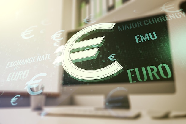 Kreatives Konzept der Abbildung von EURO-Symbolen und moderner Desktop mit Computer im Hintergrund Handels- und Währungskonzept Mehrfachbelichtung