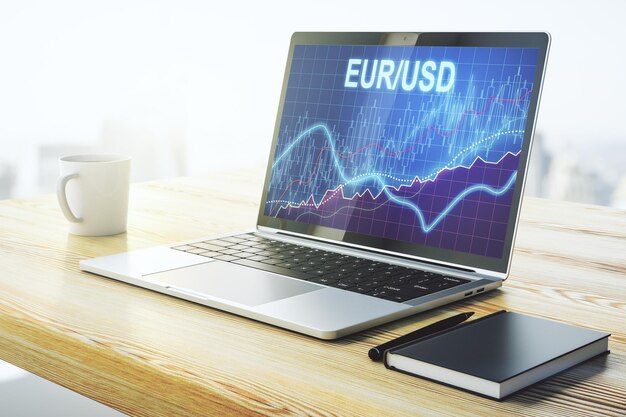 Kreatives Konzept der Darstellung des EURO-USD-Finanzdiagramms auf einem modernen Laptop-Bildschirm Handels- und Währungskonzept 3D-Rendering