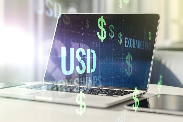 Kreatives Konzept der EURO-USD-Symbole Illustration auf modernem Laptop-Hintergrund Handels- und Währungskonzept Multiexposure