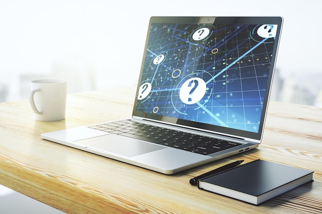 Kreatives Konzept der Fragezeichen-Illustration auf dem modernen Laptop-Bildschirm FAQ und Suchkonzept 3D-Rendering