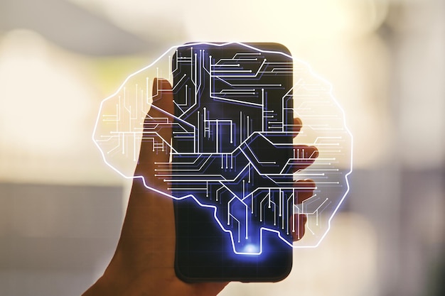 Kreatives Konzept der künstlichen Intelligenz mit menschlicher Gehirnskizze und Hand mit Mobiltelefon im Hintergrund Doppelbelichtung