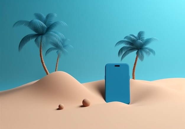 Kreatives Konzept für Palmenurlaub, Meer, Cyber-Attrappe, Sand, Telefon, Sommer, generative KI