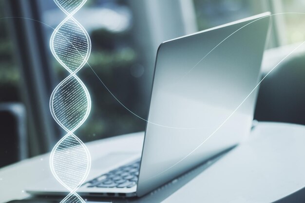 Kreatives Konzept mit Abbildung des DNA-Symbols auf modernem Laptop-Hintergrund Genomforschungskonzept Mehrfachbelichtung