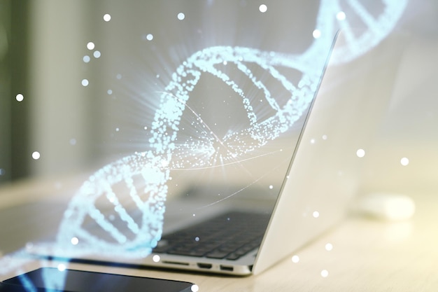 Kreatives Konzept mit Abbildung des DNA-Symbols auf modernem Laptop-Hintergrund Genomforschungskonzept Mehrfachbelichtung