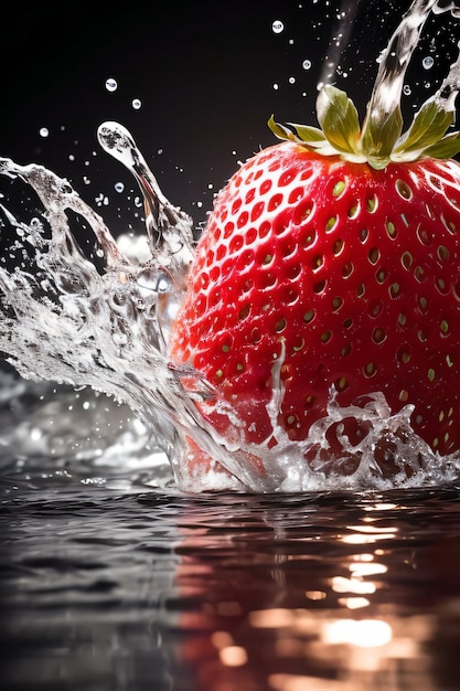 Kreatives Kunstfoto der Erdbeere, die mit Spritzern ins Wasser fällt