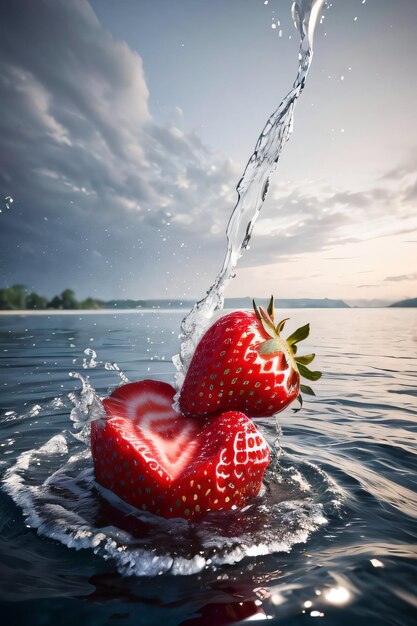 Kreatives Kunstfoto der Erdbeere, die mit Spritzern ins Wasser fällt
