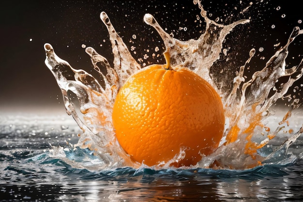 Kreatives Kunstfoto der Orange, die mit Spritzern ins Wasser fällt