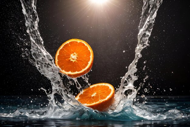 Kreatives Kunstfoto der Orange, die mit Spritzern ins Wasser fällt