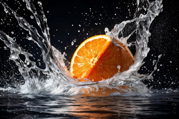 Kreatives Kunstfoto der Orange, die mit Spritzern ins Wasser fällt