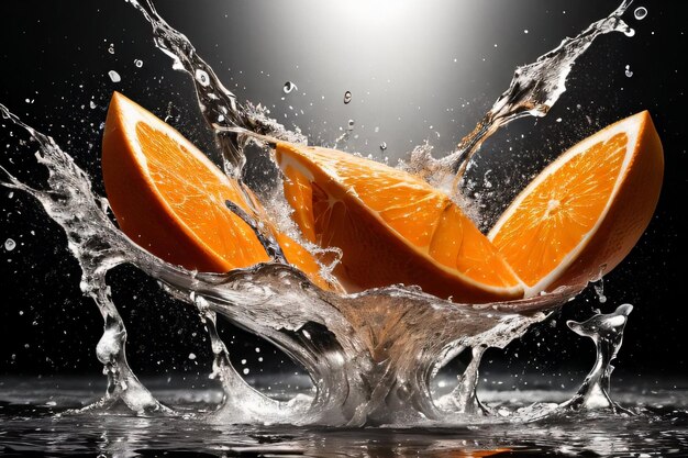 Kreatives Kunstfoto der Orange, die mit Spritzern ins Wasser fällt