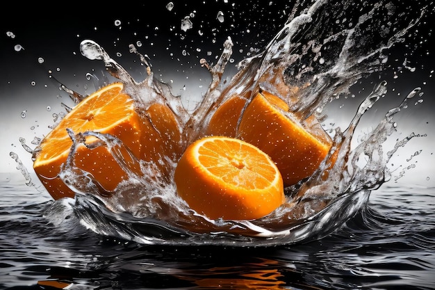 Kreatives Kunstfoto der Orange, die mit Spritzern ins Wasser fällt