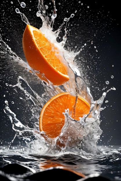 Kreatives Kunstfoto der Orange, die mit Spritzern ins Wasser fällt