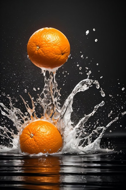 Kreatives Kunstfoto der Orange, die mit Spritzern ins Wasser fällt