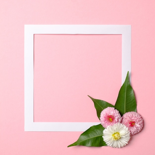 Foto kreatives layout aus papierrahmenrand und zarten frühlingsblumen auf pastellrosa hintergrund.