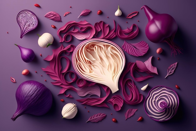 Kreatives Layout aus Rotkohl und Zwiebel Flaches Lay-Food-Konzept