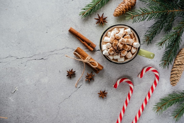 Kreatives Layout für Weihnachtsfeiertage mit heißer Schokolade des Eibischs, Kiefer, Zuckerstangen und Tannenzapfen