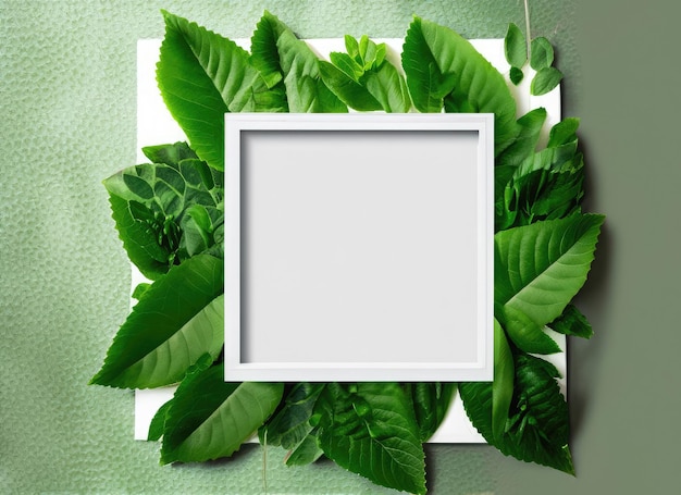 kreatives Layout grüne Blätter mit weißem quadratischen Rahmen KI generiert
