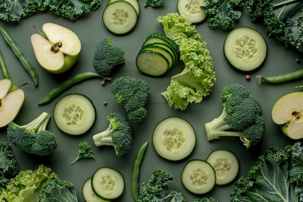 Kreatives Layout mit grünem Gemüse und Obst auf grünem Hintergrund
