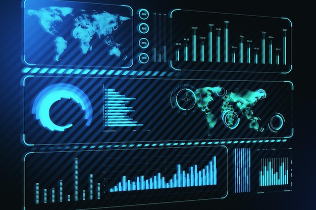Kreatives leuchtendes blaues Geschäftsdiagramm mit Karte auf dunklem Hintergrund Technologie globales Finanz- und Internetkonzept 3D-Rendering
