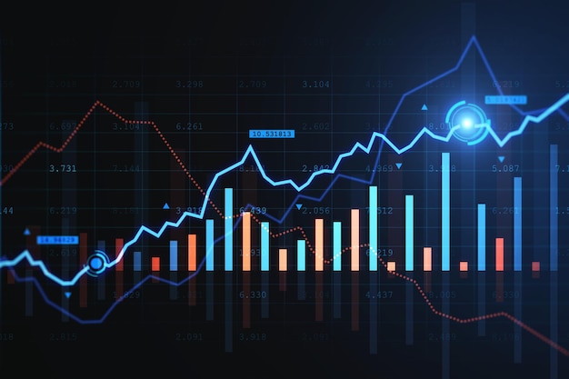 Kreatives leuchtendes Forex-Diagramm auf dunklem Hintergrund mit Reflexionen Handelsfinanzierungs- und Technologiekonzept 3D-Rendering