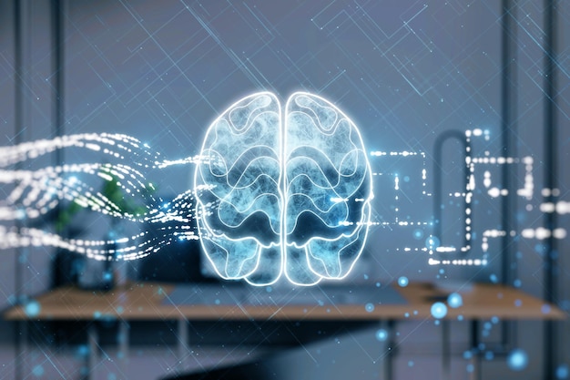 Kreatives leuchtendes Gehirnhologramm auf verschwommenem Büroarbeitsplatz mit Computerhintergrund Konzept der künstlichen Intelligenz der Neurologieforschung Doppelbelichtung