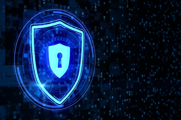 Kreatives leuchtendes Schild mit Vorhängeschloss-Symbol auf dunklem Binärcode-Hintergrund mit Mock-Up-Platz Online-Schutz Antivirus- und Sicherheitskonzept 3D-Rendering