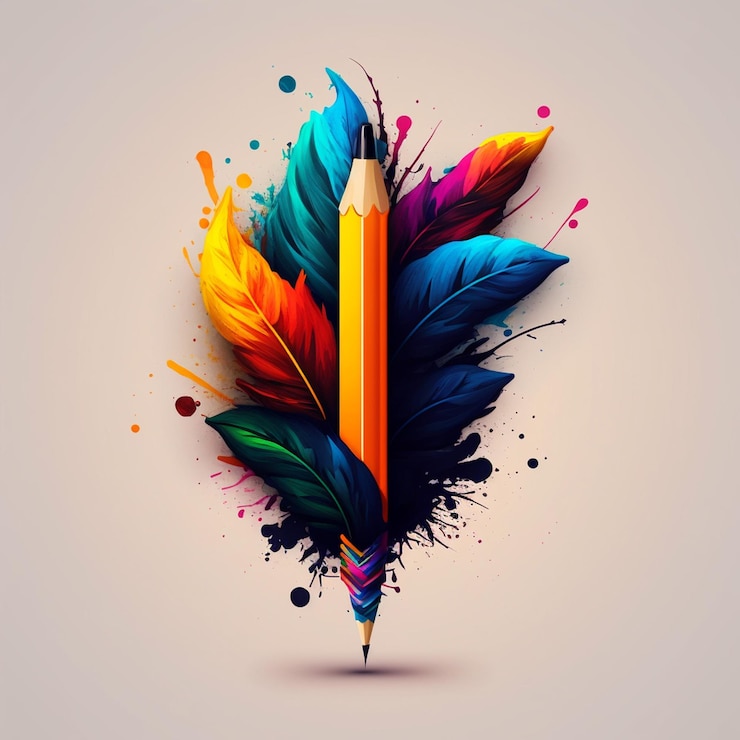 Foto kreatives logo mit einem bleistift, umgeben von hellen federn