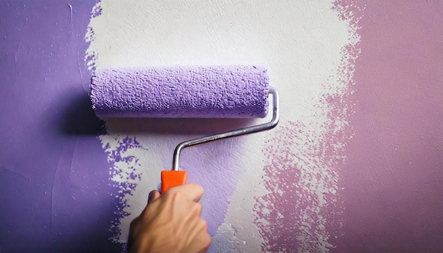 Kreatives Makeover Rollende lebendige lila Farbe über eine weiße Wand